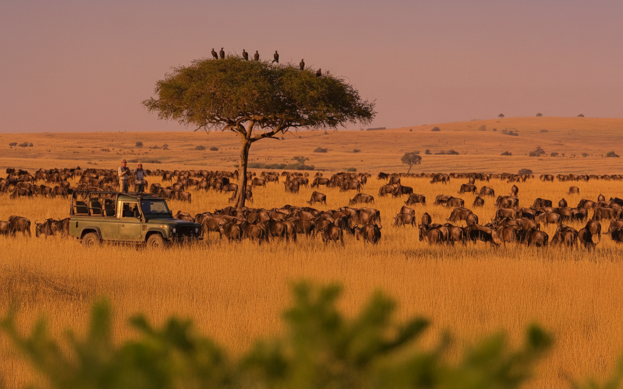 Safari-Jeep in der Masai Mara bei Sonnenuntergang