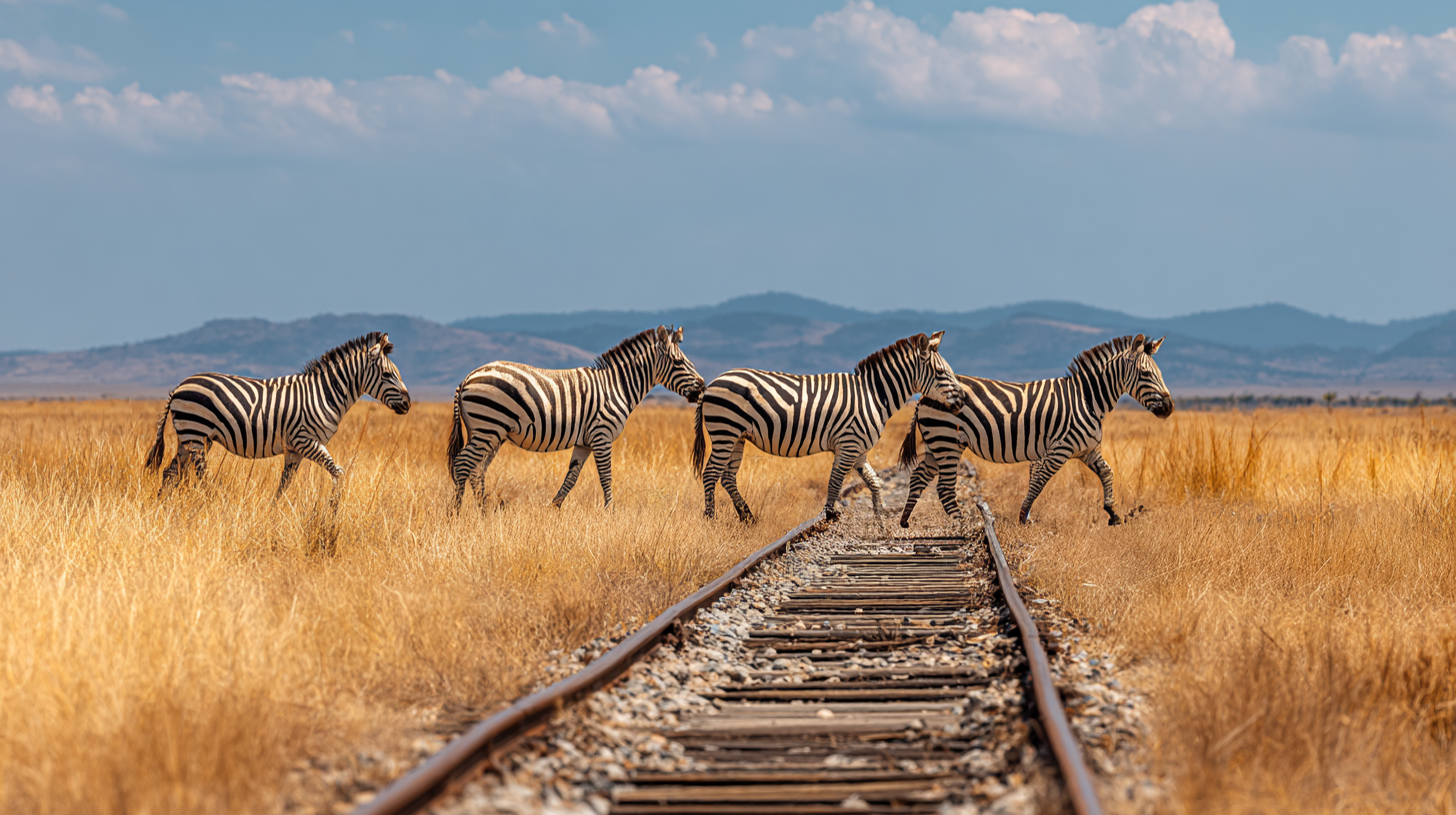 Zebras überqueren eine alte Bahntrasse